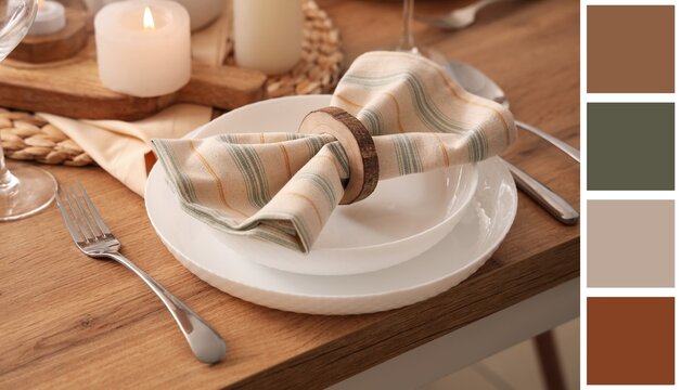Table setting with folded napkin and ceramic plate. Different color patterns