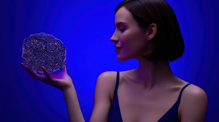 Side silhouette woman holding glowing digital brain orb in minimalistic futuristic ad concept with soft neon blue and purple light