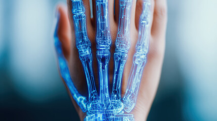 Futuristic medical scan of human hand with glowing blue holographic bone overlay and diagnostic grid, clinical tech visualization conveying precision and innovation