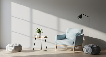 Modern Interior with Armchair, Side Table and Poufs