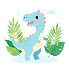 Cute Blue Cartoon Dinosaur Standing Among Tropical Leaves.