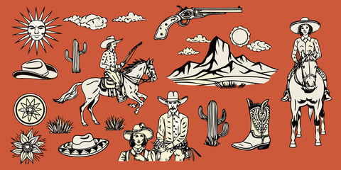 Collection of western cowboy and cowgirl illustrations with horses cacti and mountains on a red background
