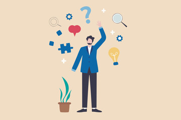 Man with ideas and questions surrounded by symbols of innovation and problem solving