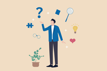 Obraz premium Man with ideas and questions surrounded by symbols of innovation and problem solving