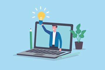Man on laptop screen holding a bright light bulb symbolizing a new idea or innovation