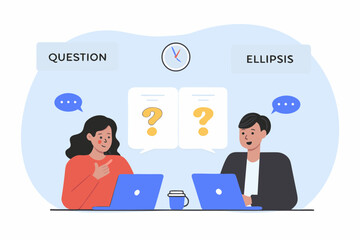 Two people working on laptops with question marks and speech bubbles representing communication and inquiry
