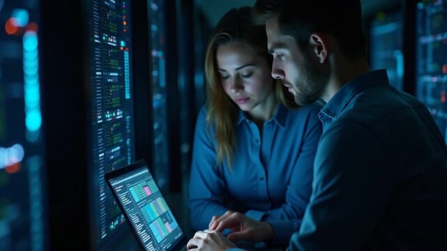 Vertical Programmer and colleague in data center reviewing AI LLM visualizations on laptop. IT teamworking coworkers analyze neural network performance outputs to ensure stable infrastructure operatio