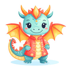 Obraz premium Adorable Cartoon Dragon in Red Chinese Outfit.