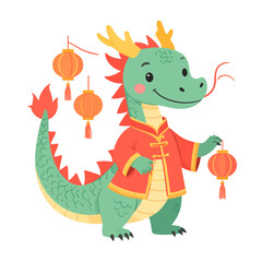 Fototapeta premium Cute cartoon dragon in Chinese clothing holding lanterns.