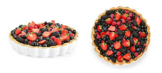 Sweet tarts with different berries on white background