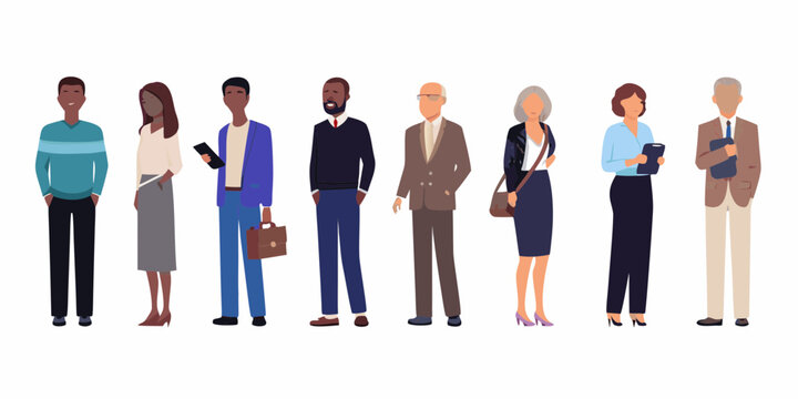 Diverse group of business professionals standing together in a line on a white background - Powered by Adobe