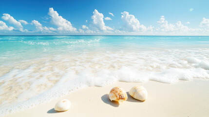 A serene beach with seashells scattered across the shore, with waves gently coming in.