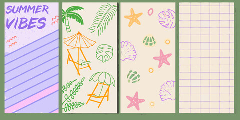Summer vibes collection with beach elements and tropical leaves