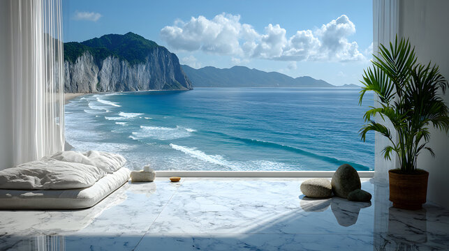Ocean view from a modern room with white floor and a plant