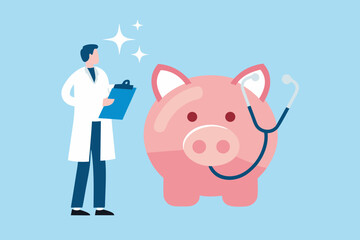Doctor with clipboard checking on a piggy bank with a stethoscope symbolizing healthcare finance and savings