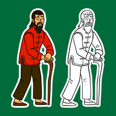 Elderly Chinese Man with Beard Leaning on Cane Sticker Illustration