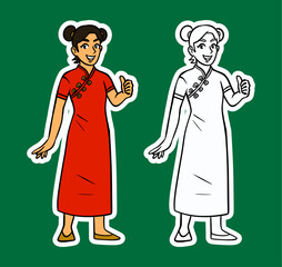 Elegant Chinese Woman in Long Cheongsam Sticker Illustration
