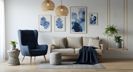 Modern Living Room Interior with Blue Accents and Natural Light