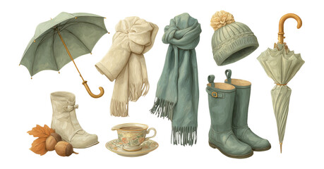 Cozy Autumn Accessories Collection on Transparent Background