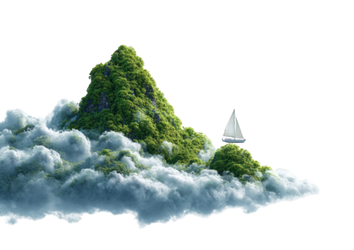 Lush island floating on clouds with sailboat