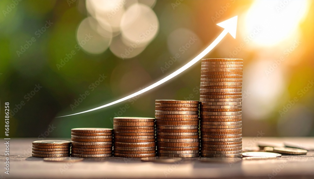 Aufkleber stacked coins with arrow pointing up in graph form, generated with ai.