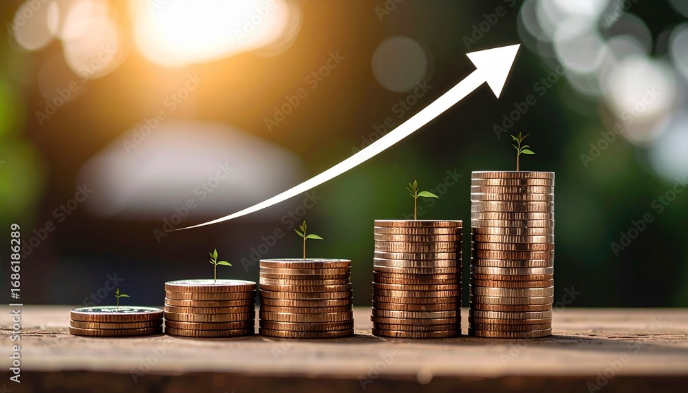 Aufkleber stacked coins with arrow pointing up in graph form, generated with ai.