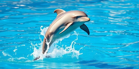 Obraz premium Playful dolphin leaping, interacting with cheesy splash, aquatic, jump