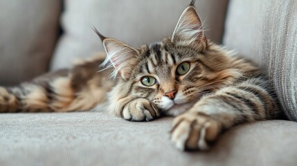Maine Coon cat lying on sofa at home, closeup