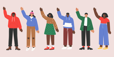 Diverse group of people waving hello in casual modern clothing against a neutral background