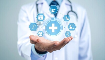 Doctor hand holding digital health icons, Generated with AI.