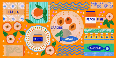 Vibrant italian summer collage featuring peaches pesto sardines and amalfi coast elements © Ranajit