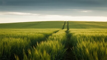 Obraz premium In the vast field, the wheat waves undulate with the wind. In the distance are rolling green hills, presenting a quiet rural pastoral scenery.