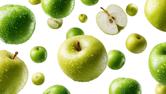 Fresh green apples, glistening with water droplets, in a repeating pattern on black