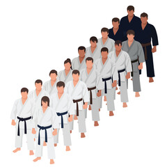 Obraz premium Karate students in white and black uniforms, progressing through ranks, shown in a diagonal formation.
