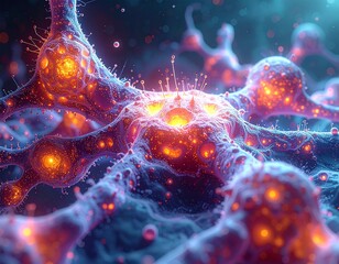 Abstract Futuristic Neural Network of Glowing Bacterial Cells, Organic Computing Concept