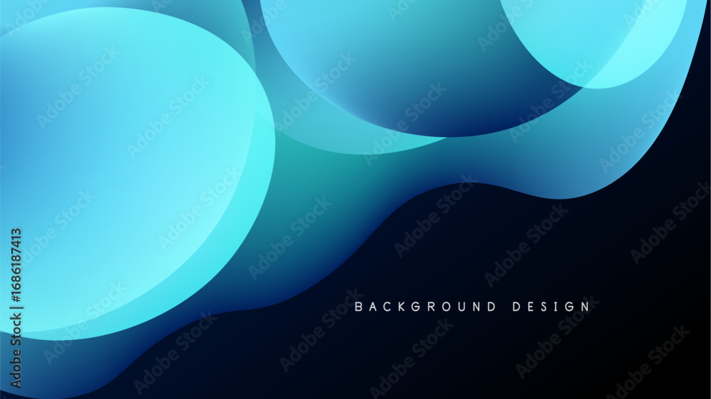 Poster abstract fluid shapes overlap, creating dynamic blue gradients on black background. modern design ev