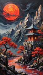 Serene Oriental Landscape with Pagodas, Bridge, and Majestic Mountains Under Red Sun