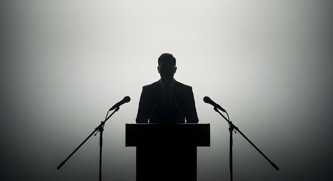 Silhouette of a speaker at a podium delivering a speech important announcement press conference business presentation