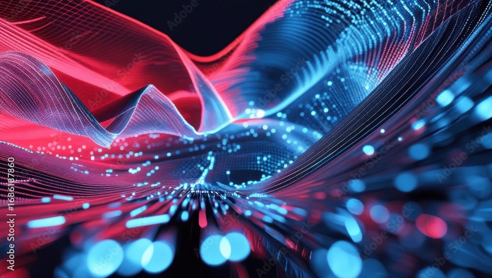 Fototapete a dynamic digital landscape unfolds in a vibrant display of red and blue glowing lines and points, c