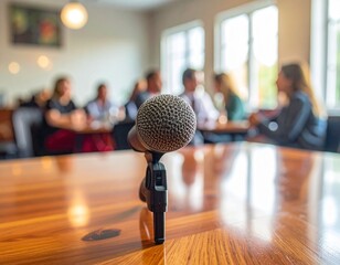 Microphone on a wooden table with blurred people talking in the background, business meeting concept