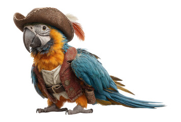 Colorful Parrot in Pirate Costume with Hat and Feather on Transparent Background