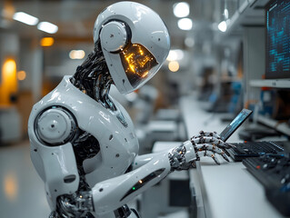 Fototapeta premium Housed in a high-tech laboratory, a sophisticated humanoid robot interacts with a tablet and computer, highlighting advancements in robotics and artificial intelligence