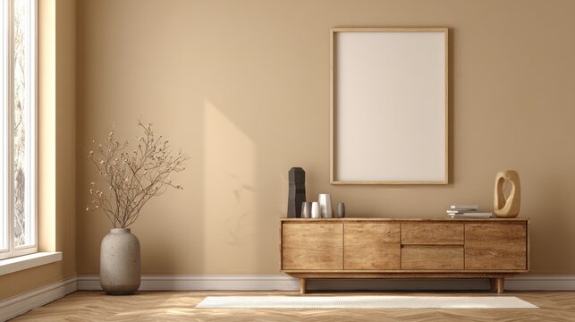 Minimalist Modern Living Room Wall Decor with Wooden Sideboard and Decorative Vases