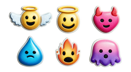 Fototapeta premium Colorful Emoji Icons with Angel, Devil, Water, Fire, Ghost Shapes