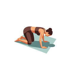 Woman performing a yoga pose, likely Cat-Cow, on a yoga mat.