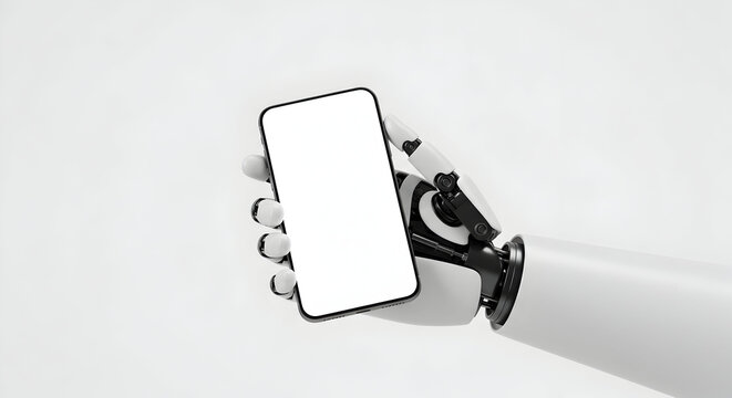 Robotic hand holding smartphone blank screen modern technology innovation digital future artificial intelligence ai mobile phone app development website design futuristic concept