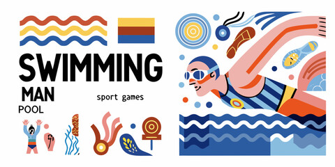 Stylized illustration of a male swimmer in a pool during a sports competition