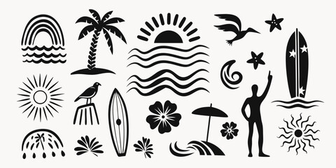 Collection of black and white tropical beach and surf icons with sun waves palm trees surfboards and people