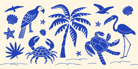 Vibrant blue tropical beach scene with palm trees flamingos parrots crabs turtles and seashells