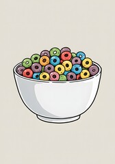Bowl of Colorful Cereal Rings Cartoon Illustration